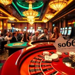 xoso66 showcases players celebrating a winning hand at a vibrant casino table with chips and cards.